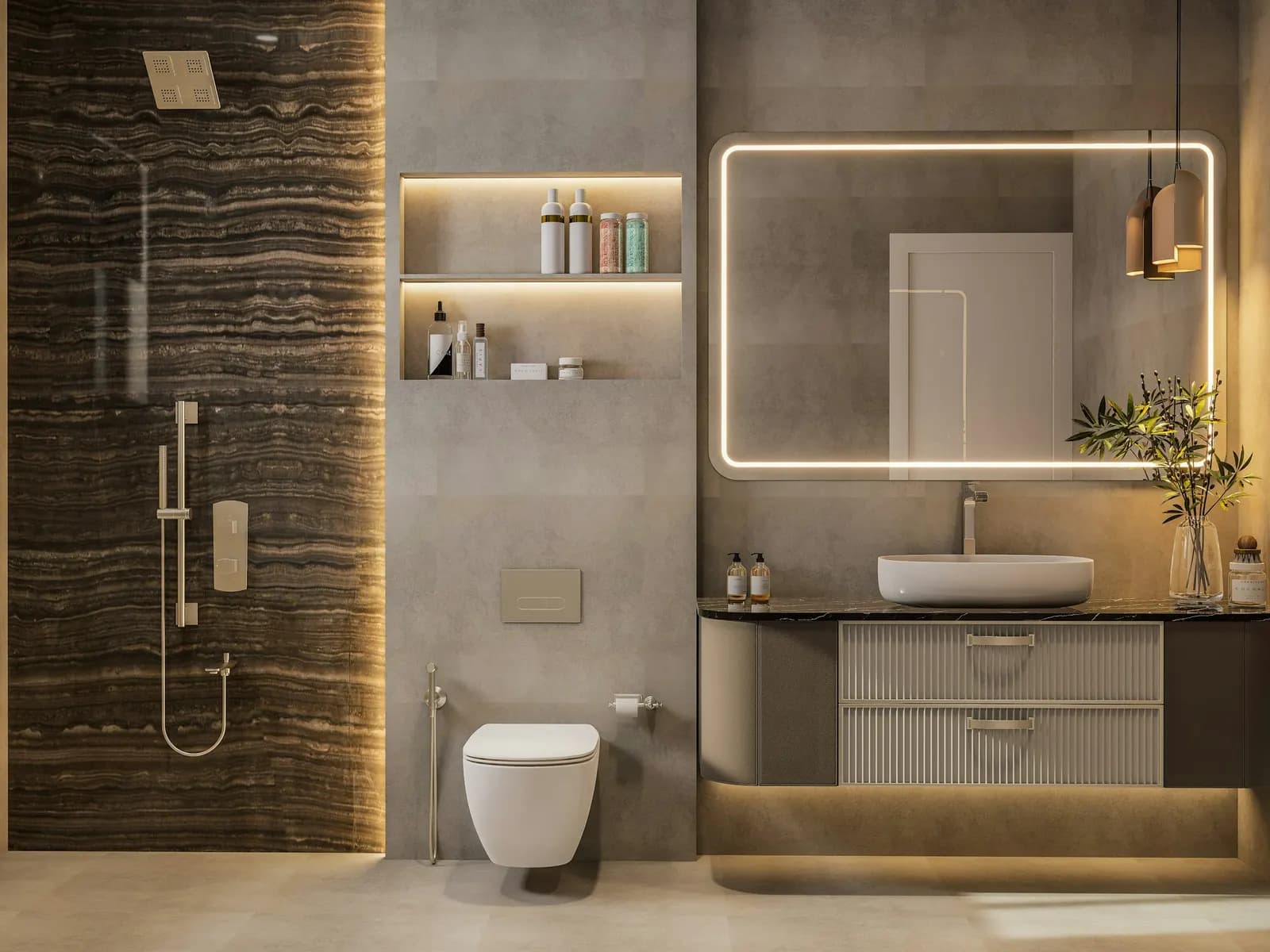 Baño contemporáneo con ducha de obra y espejo retroiluminado