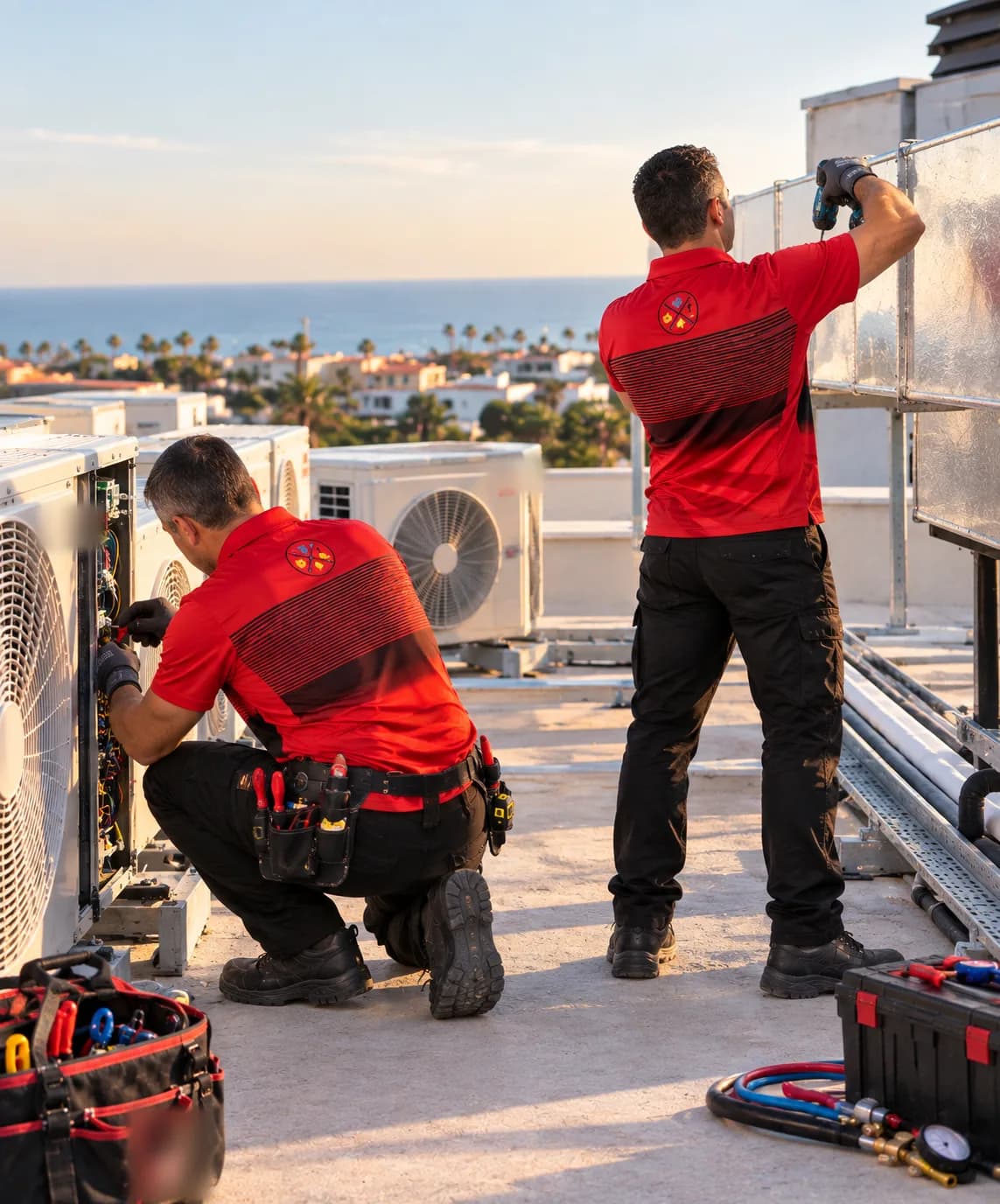 Dos técnicos de System Confort, de espaldas y con el uniforme de la empresa, trabajando en equipos de aire acondicionado en una azotea frente al mar