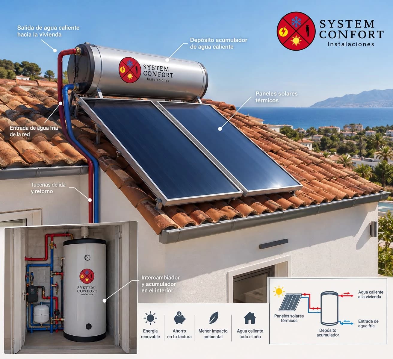 Esquema de una instalación solar térmica para agua caliente: captadores en el tejado, depósito acumulador, tuberías de ida y retorno, e intercambiador con acumulador en el interior de la vivienda