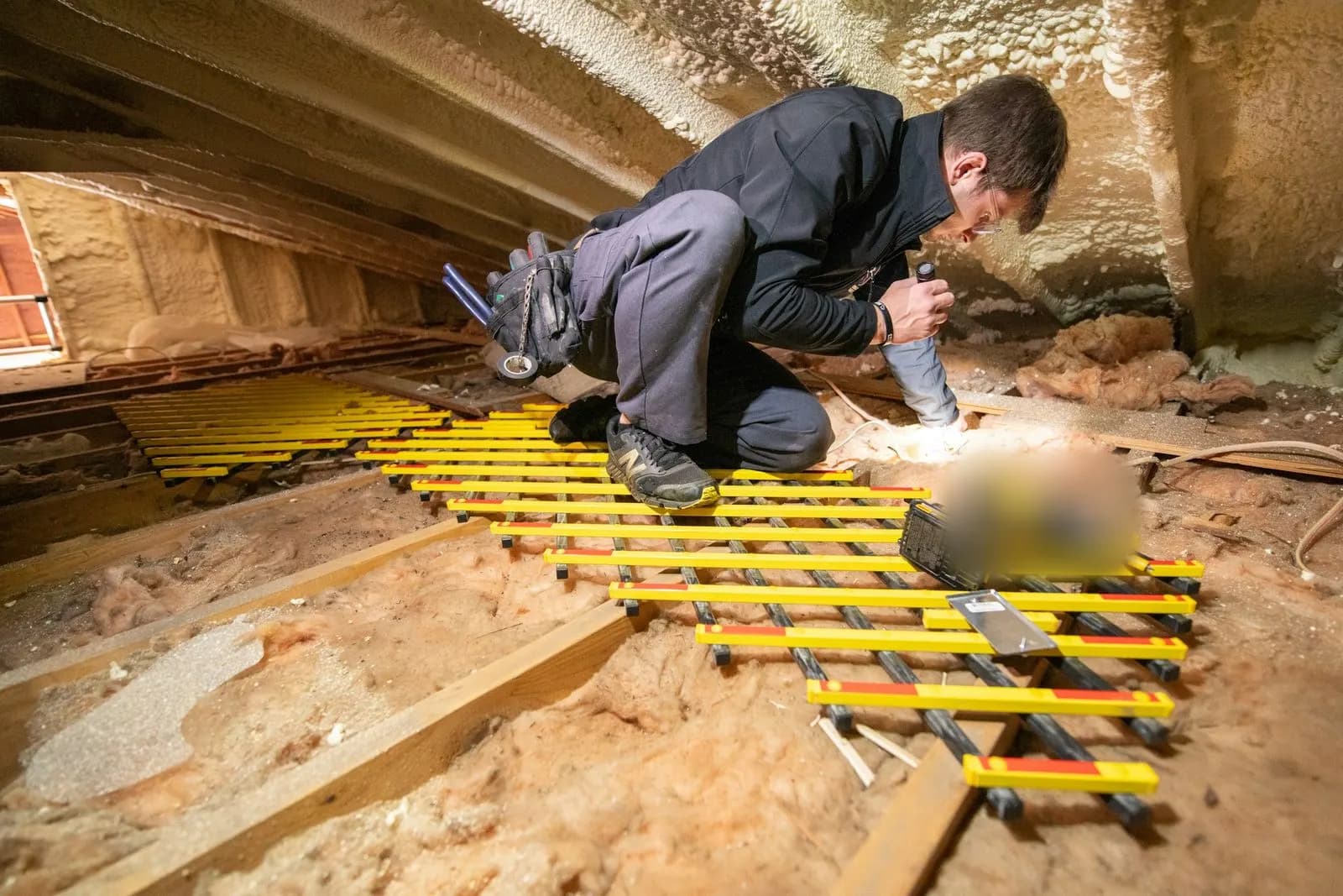 Instalador trabajando sobre el suelo de una vivienda en obra